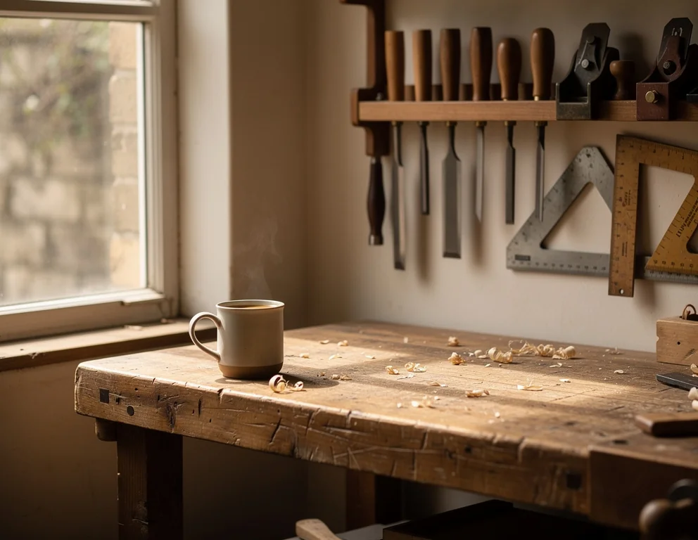 Coin d'atelier d'ébéniste avec établi et outils