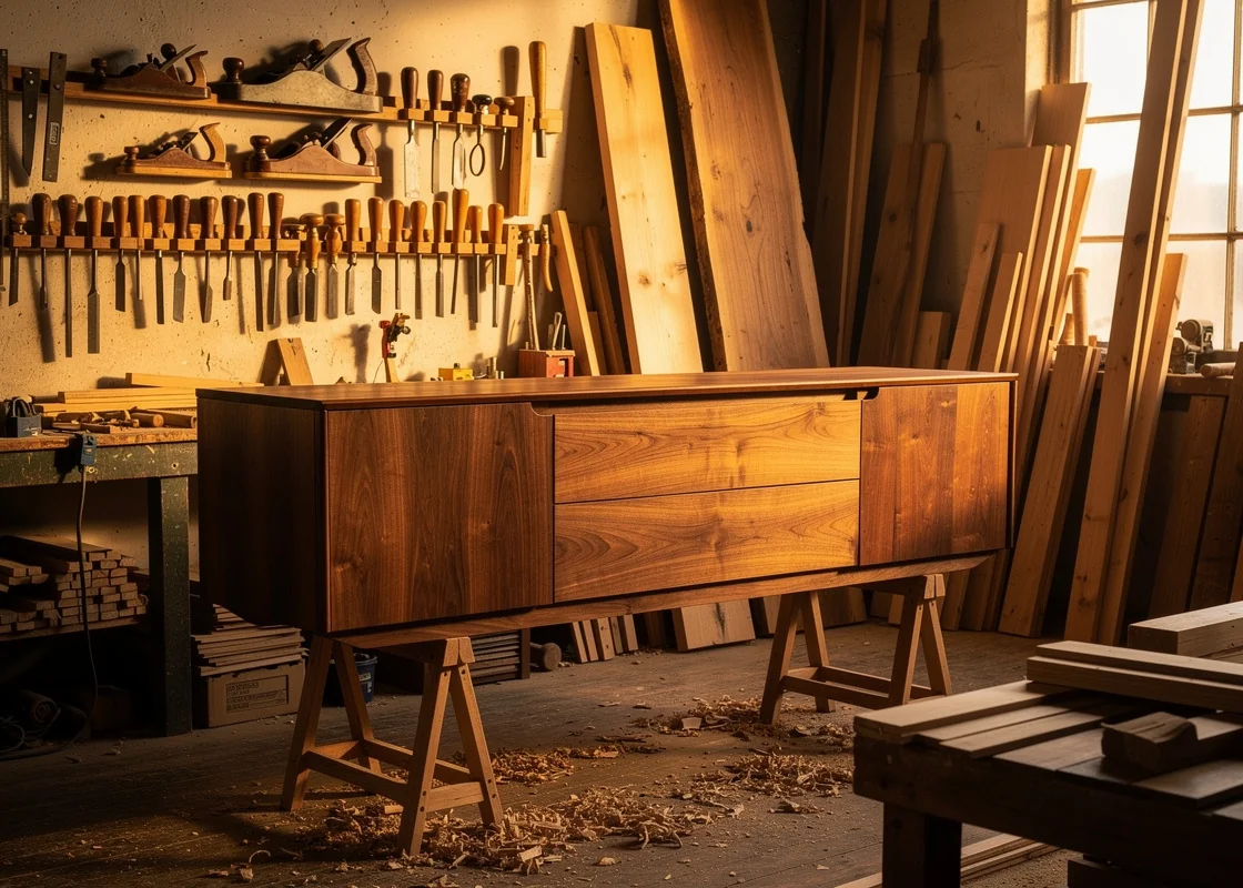 Atelier d'ébéniste, buffet en noyer sur tréteaux
