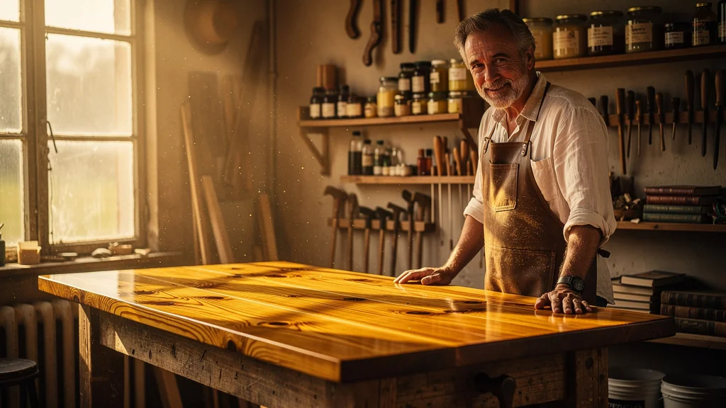 Plan de pin foncé par une patine à la cire d'abeille avec un ébéniste artisan en arrière-plan