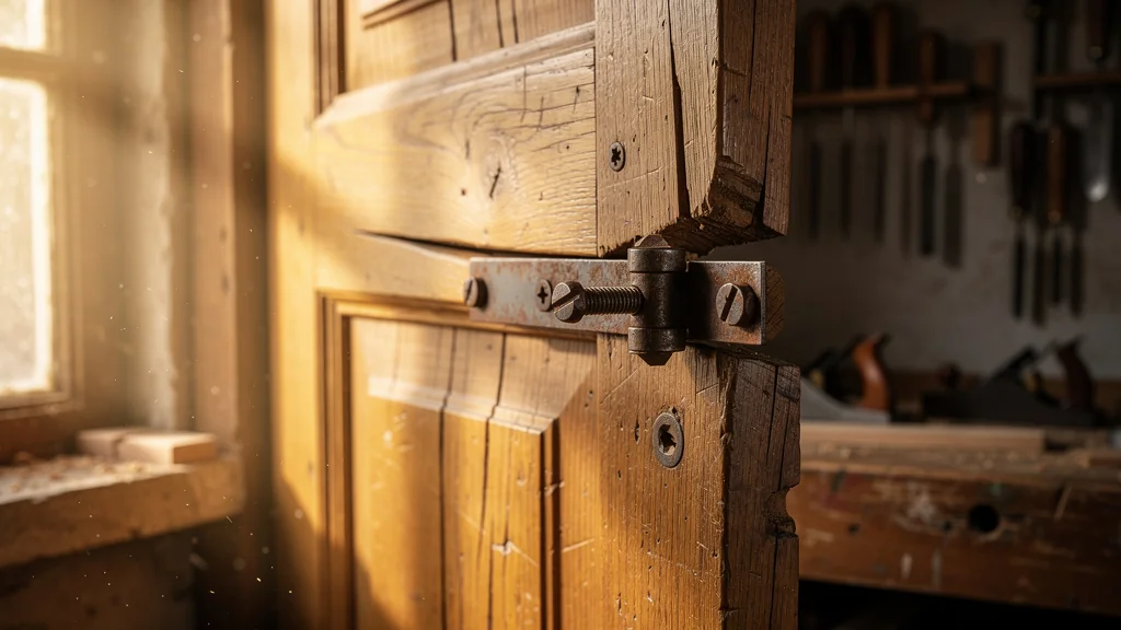 Porte en bois abîmée par une charnière posée de travers dans un atelier d’ébénisterie