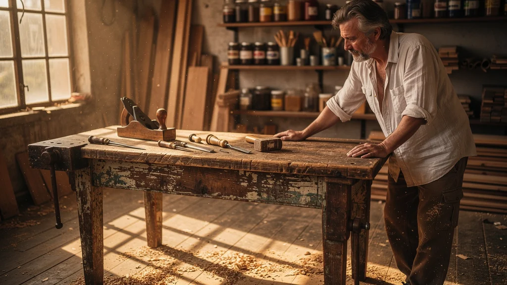 Homme de 53 ans récupérant un établi ancien, redonnant vie aux meubles usés dans un atelier ensoleillé