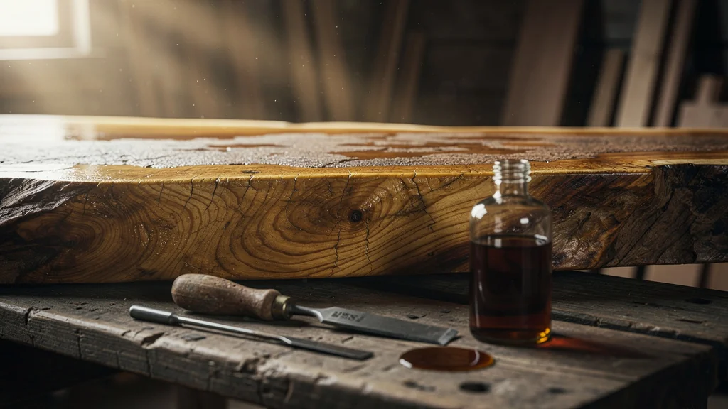 Surface de bois naturel enfermé sous une couche de vernis terne et craquelée, texture bois artisanale